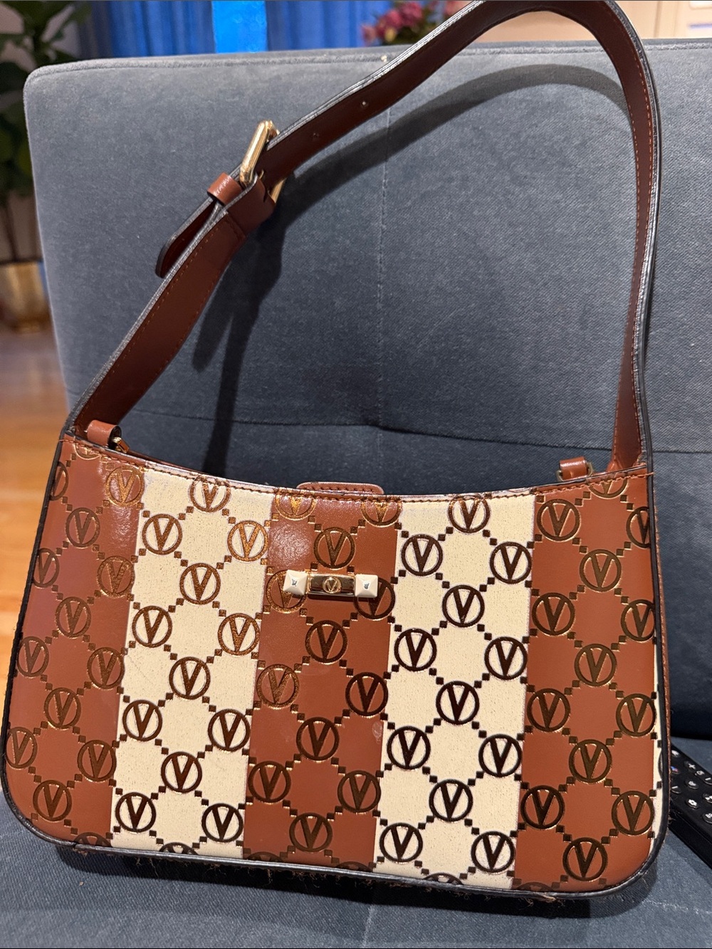 Valentino By Mario Valentino Brown and Cream Striped Shoulder Bag with Monogram